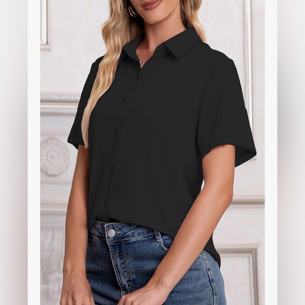 🆕 Classic Button Up V Collared Short Sleeved Women's Top Blouse, Black, Size XL